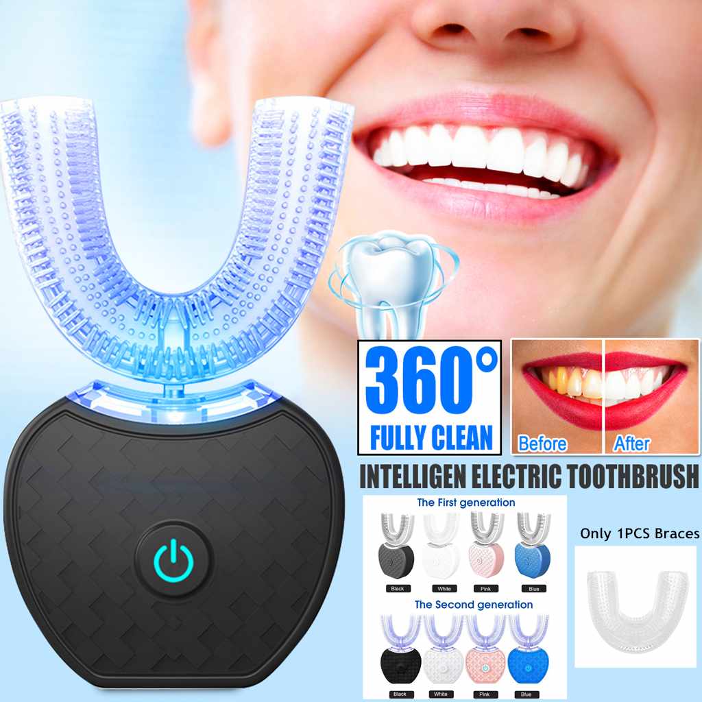 360 Degrees Intelligent Automatic Electric Toothbrush Waterproof U Type Tooth Brush Whitening Blue Light USB Charging - EasyCartHub