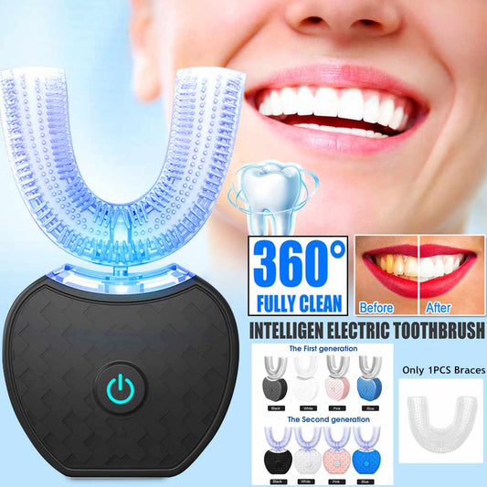 360 Degrees Intelligent Automatic Electric Toothbrush Waterproof U Type Tooth Brush Whitening Blue Light USB Charging - EasyCartHub