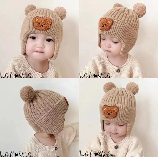 Baby Woolen Hat, Cute Bear Ear Protection Hat, Children&#039;s Winter Thickened Warm Knitted Hat, Korean Style Infant Hat